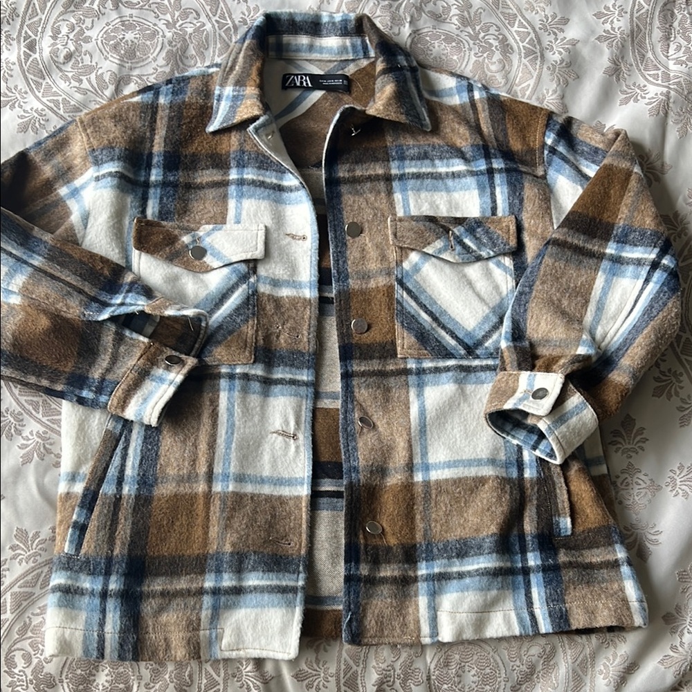 Zara Women’s Checkered Shirt Jacket - Brown, Blue, and White